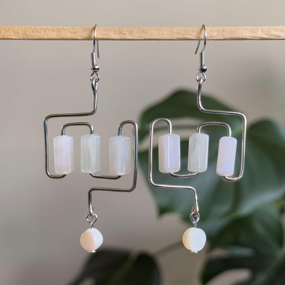 handmade silver geometric switchback earrings with rectangular white tube beads